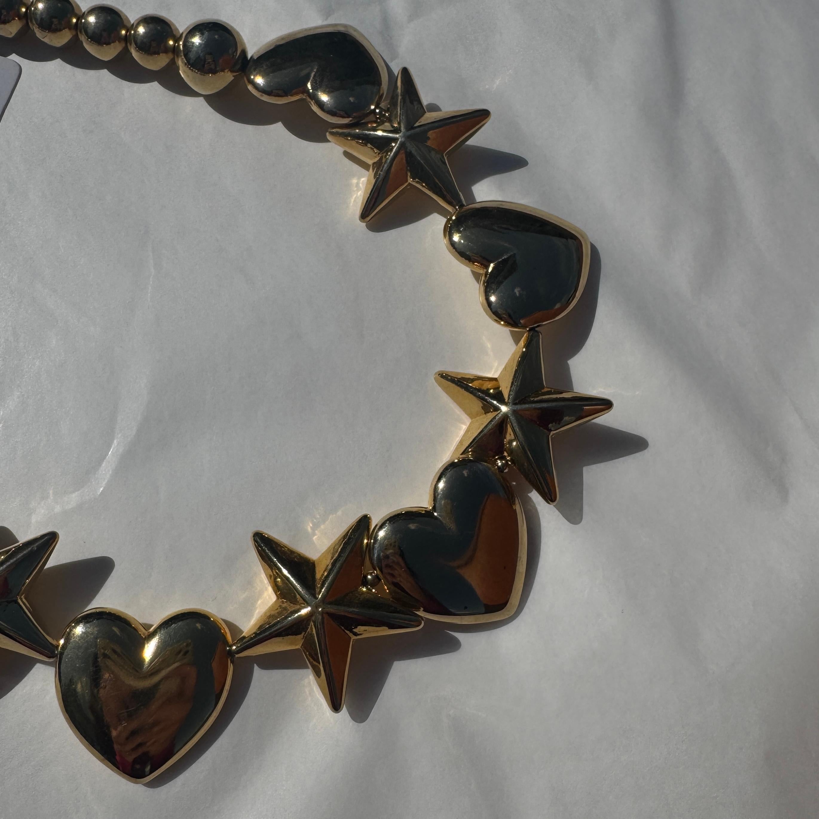 Women's Vintage Gold-Tone Necklace with Hearts and Stars For Sale