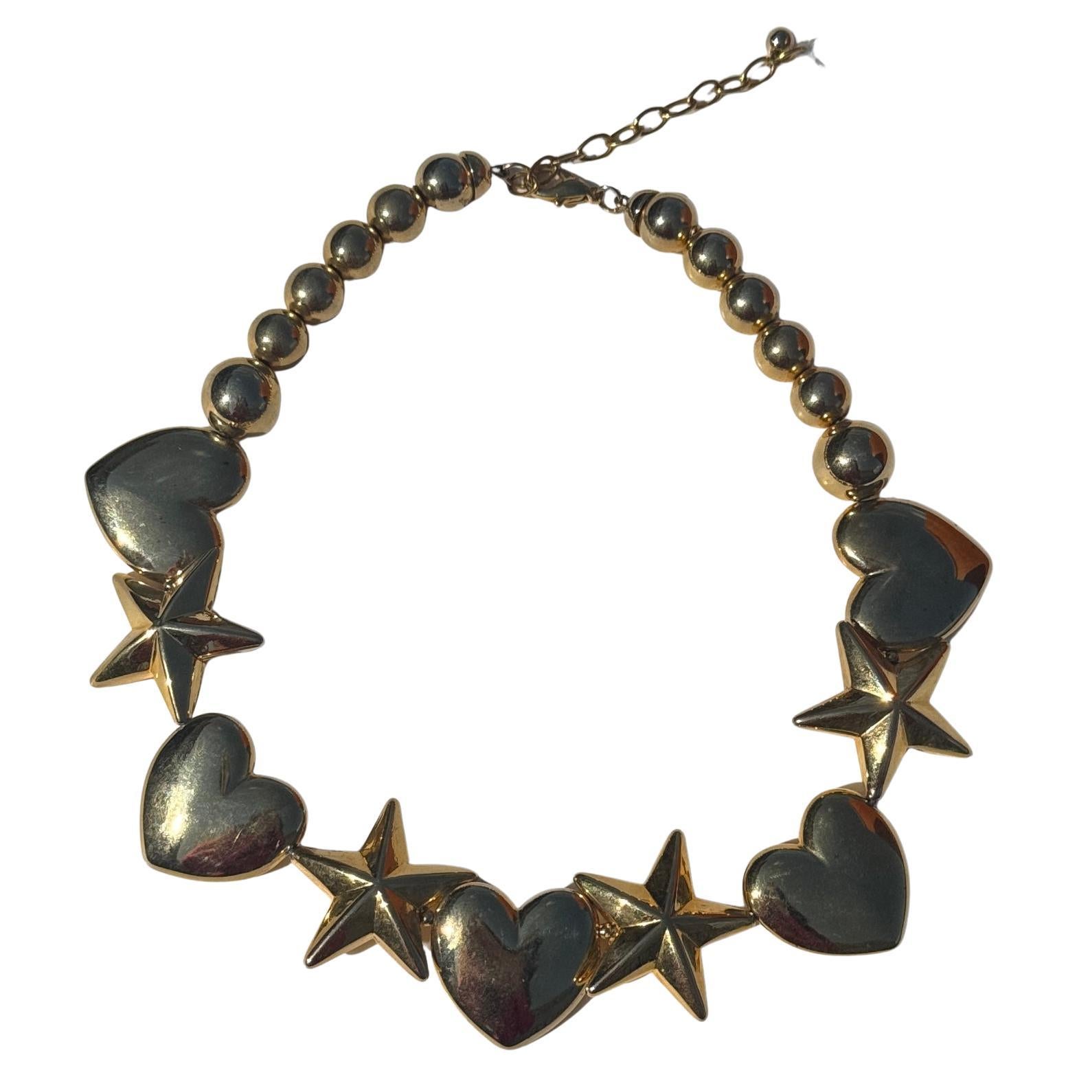 Vintage Gold-Tone Necklace with Hearts and Stars For Sale