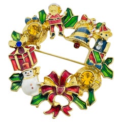 Vintage gold tone NRT signed Christmas wreath enamel rhinestone designer brooch