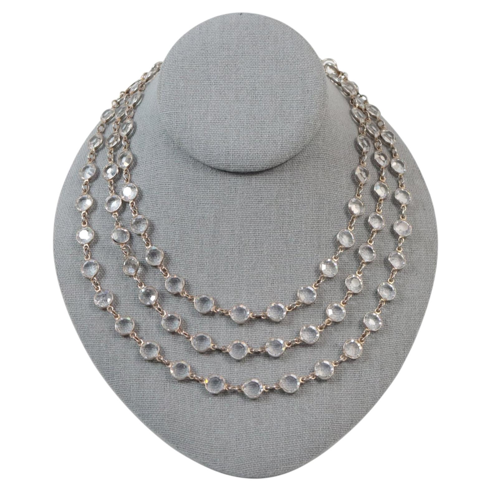 Vintage Gold Tone Open Back Crystal Long Sautoir Necklace, 54", Circa 1970s For Sale