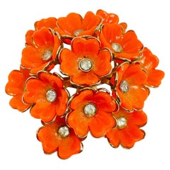 Vintage gold tone orange lucite rhinestone cluster flower designer brooch