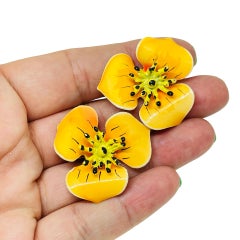 Vintage gold tone orange yellow enamel flower clip on earrings