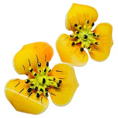 Vintage gold tone orange yellow enamel flower clip on earrings