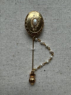 Vintage Gold Tone Oval Locket Lapel Pin with Pearl Chain