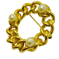 Vintage gold tone pearl chain designer brooch