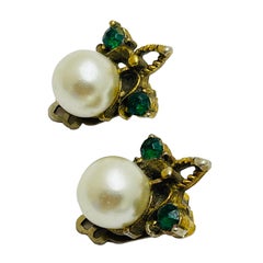 Vintage gold tone pearl emerald rhinestones designer clip on earrings