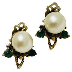 Vintage gold tone pearl emerald rhinestones designer clip on earrings