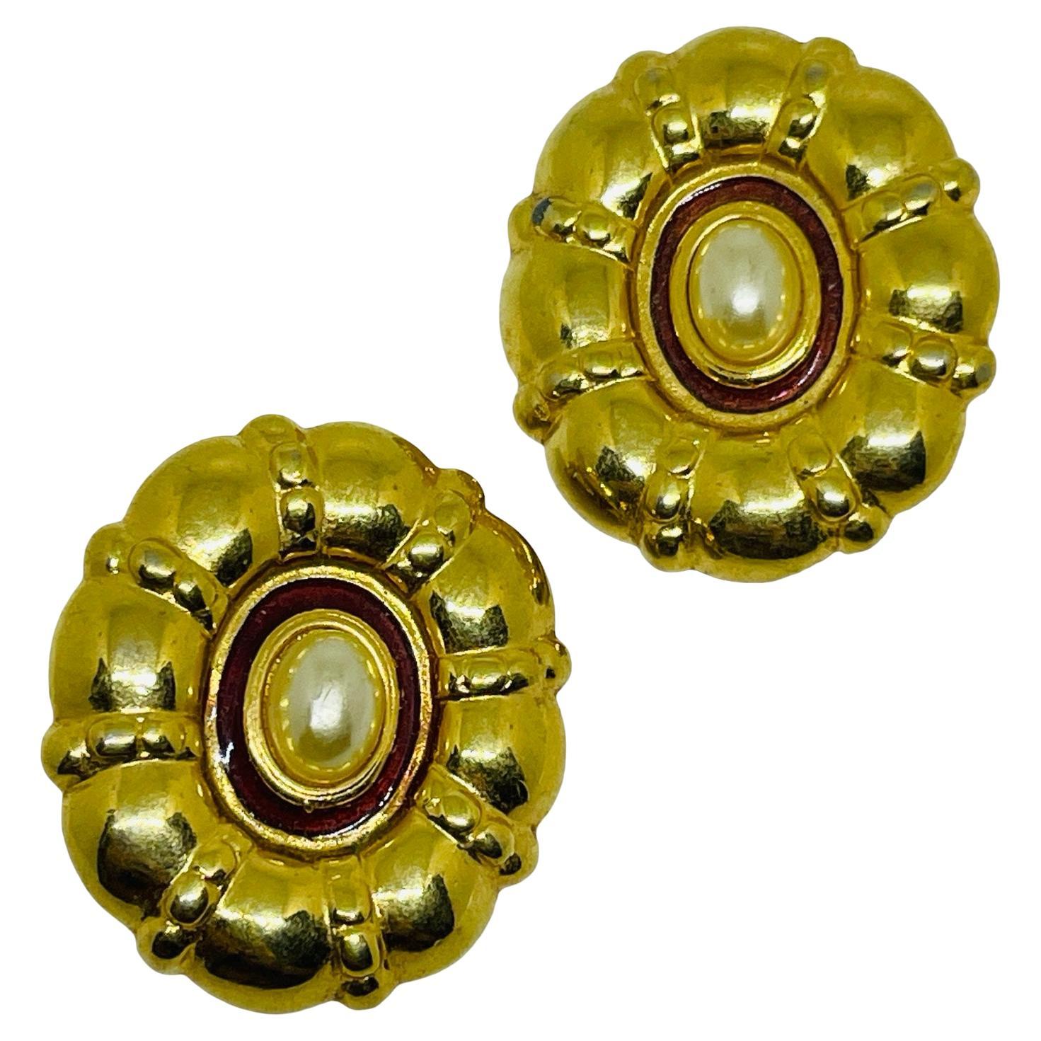 Vintage gold tone pearl enamel designer clip on earrings For Sale