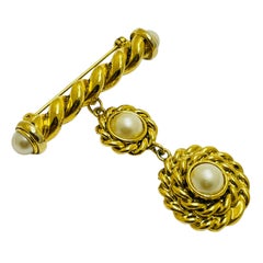 Vintage gold tone pearl etruscan dangle designer brooch