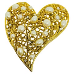 Vintage gold tone pearl massive heart designer brooch