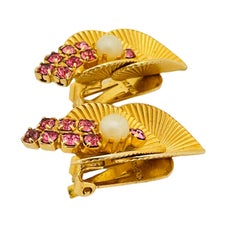Vintage gold tone pearl pink rhinestones designer clip on earrings