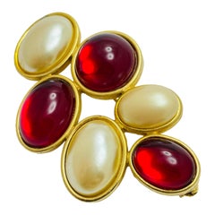 Vintage gold tone pearl red resin cabs designer brooch