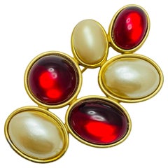 Vintage gold tone pearl red resin cabs designer brooch