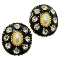 Vintage gold tone pearl rhinestone enamel designer clip on earrings