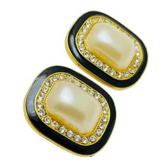 Vintage gold tone pearl rhinestone enamel designer earrings