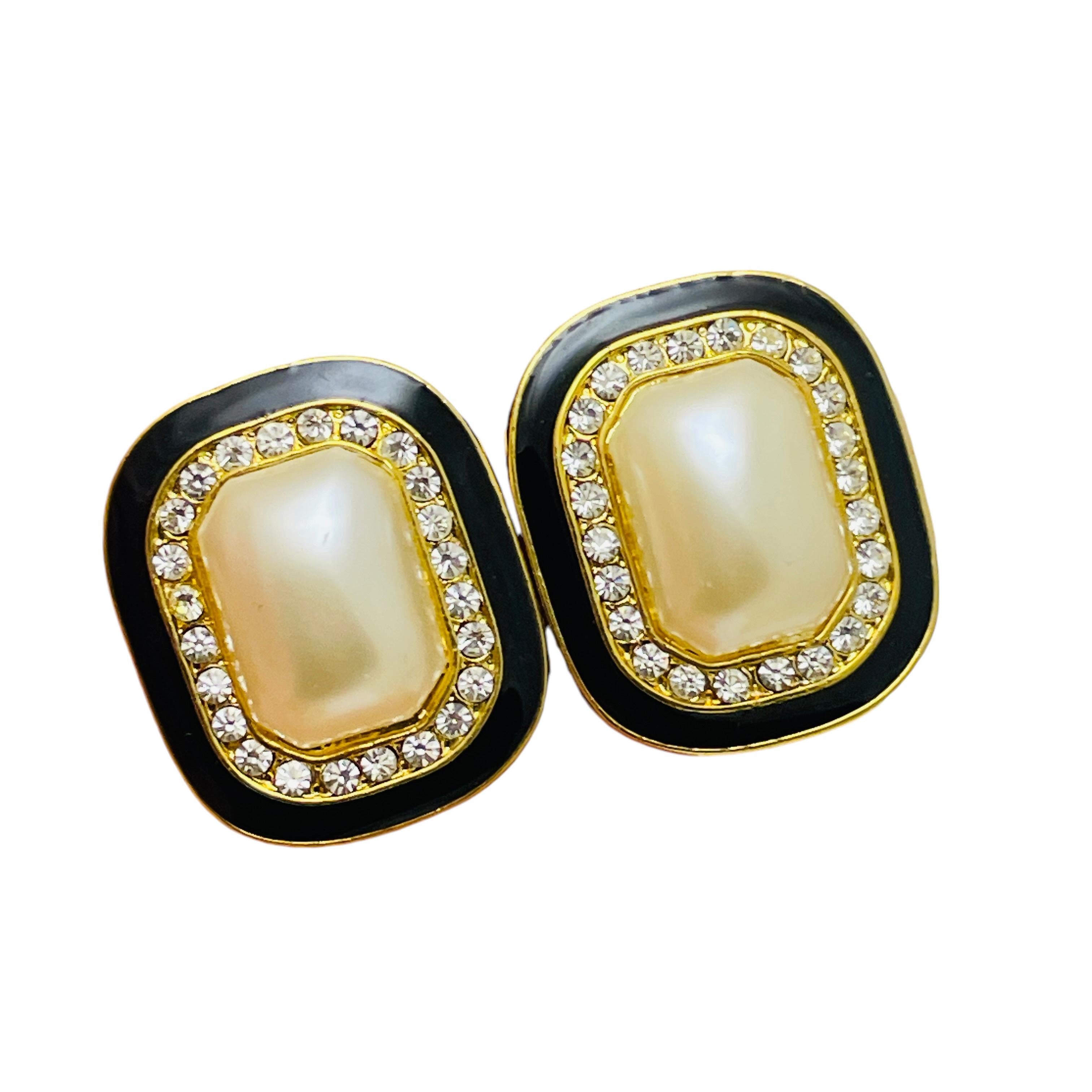 De las mujeres Pendientes de diseño vintage de esmalte con perlas y brillantes en tono dorado en venta