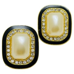 Vintage gold tone pearl rhinestone enamel designer earrings