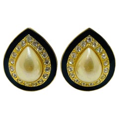 Vintage gold tone pearl rhinestone enamel designer runway earrings