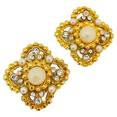 Vintage gold tone pearl rhinestone Maltese cross clip on earrings