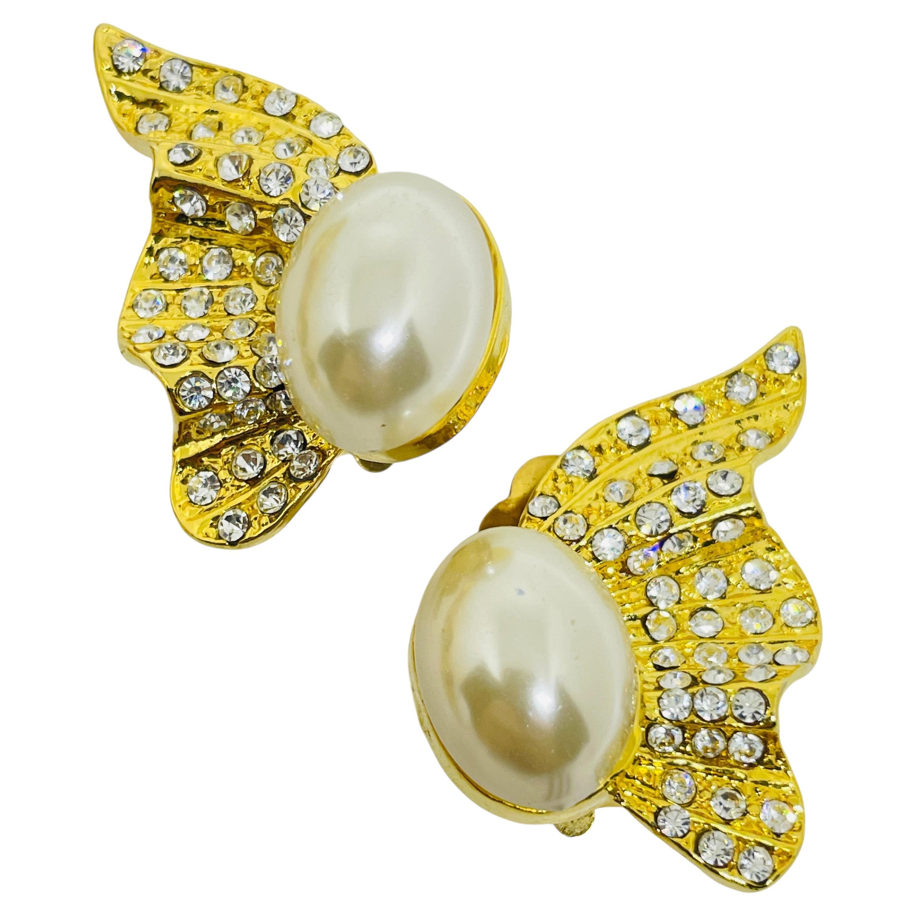 Vintage Gold Ton Perle Strass Designer Clip auf Ohrringe