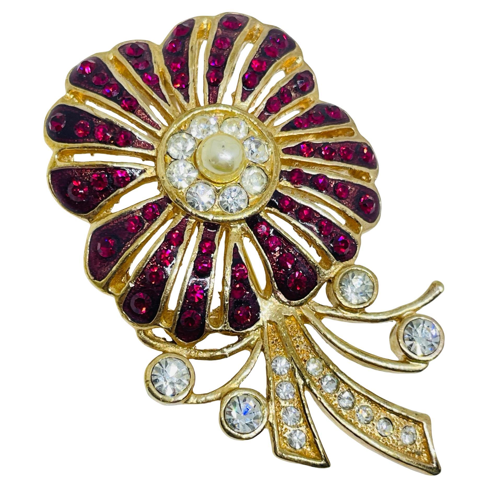 Vintage gold tone pearl ruby rhinestones designer flower brooch
