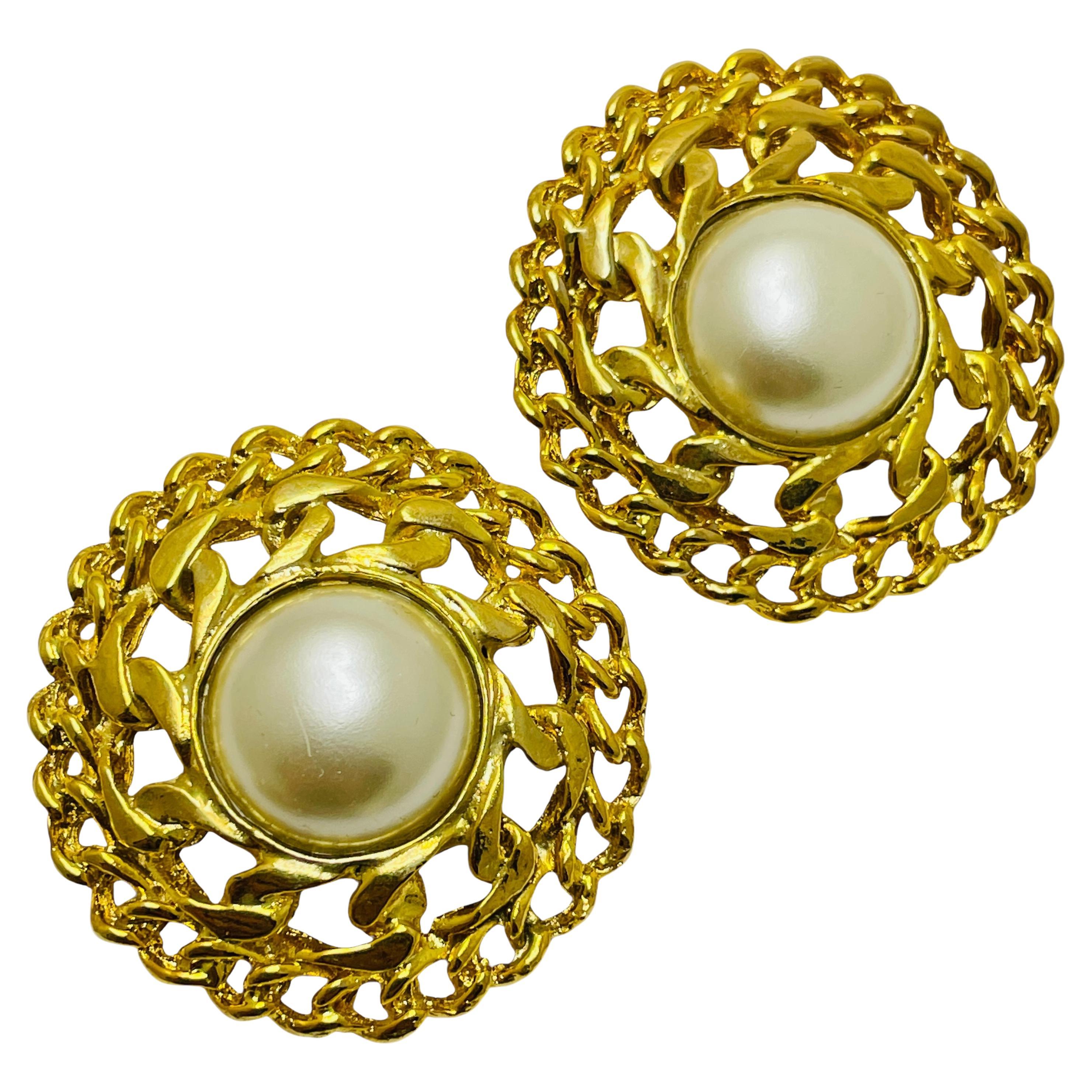 Vintage gold tone pearls designer clip on earrings For Sale