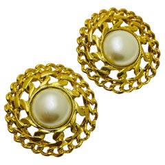 Vintage gold tone pearls designer clip on earrings