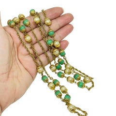 Vintage gold tone pearls green jade glass beads long designer chain necklace