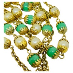 Vintage gold tone pearls green jade glass beads long designer chain necklace