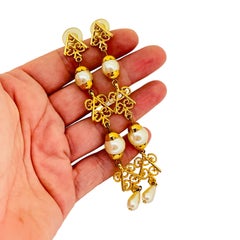 Vintage gold tone pearls long drop post earrings
