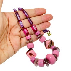 Vintage gold tone pink art glass beads designer 1960's necklace