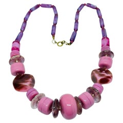 Vintage gold tone pink art glass beads designer 1960's necklace