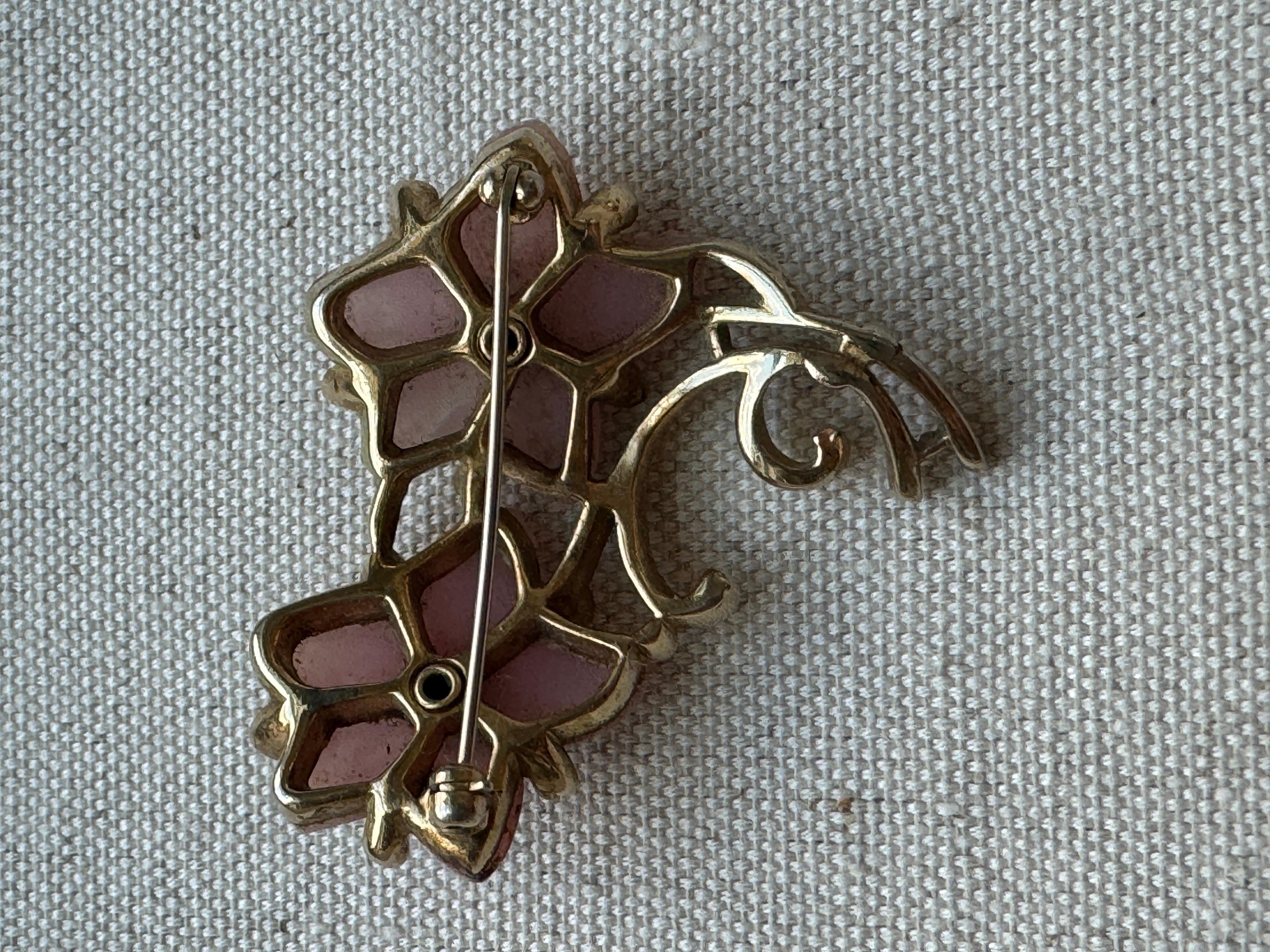 Vintage Gold Tone Pink Floral Brooch with crystals