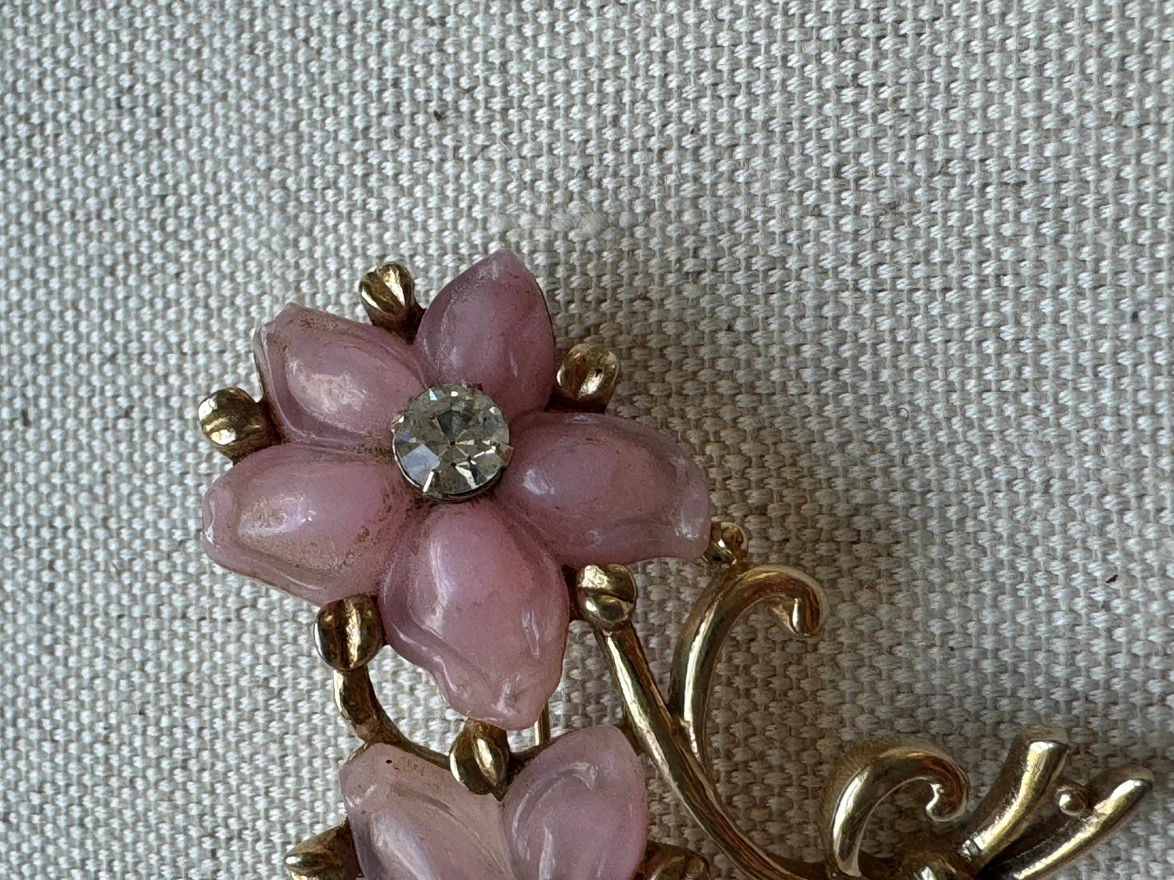Mixed Cut Vintage Gold Tone Pink Bouquet Brooch with Crystal For Sale
