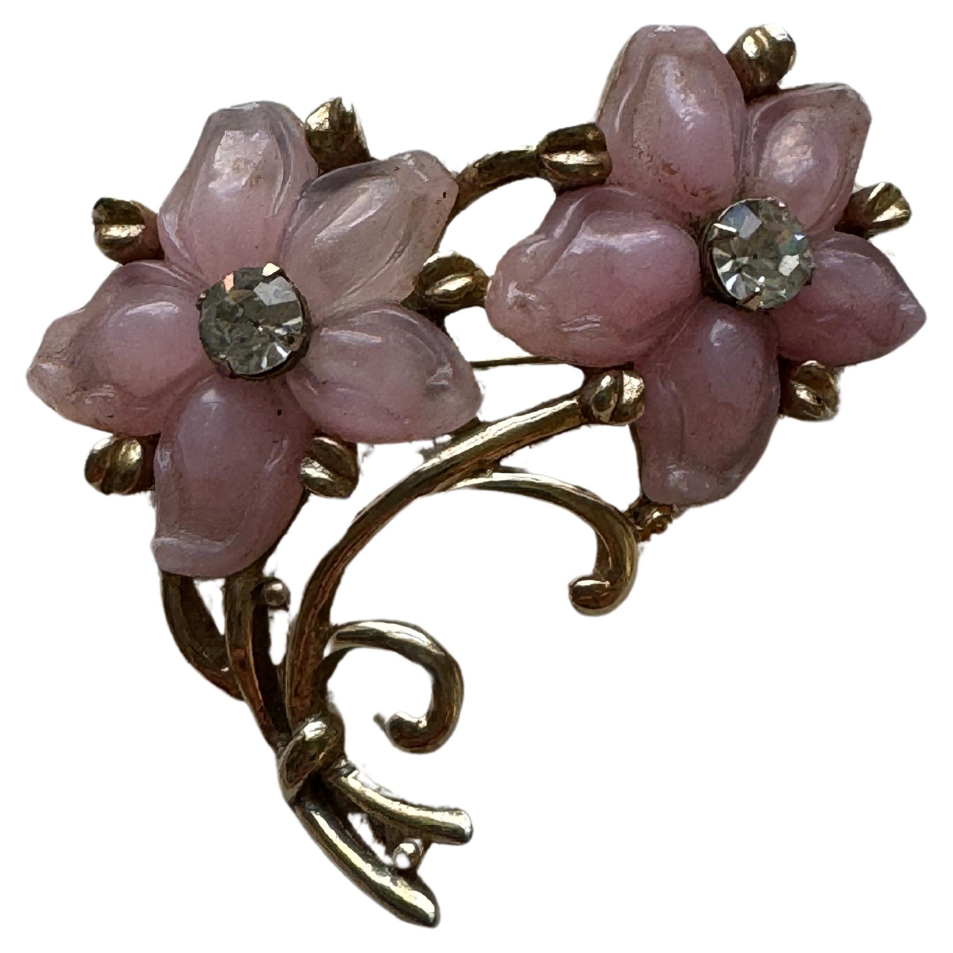 Vintage Gold Tone Pink Bouquet Brooch with Crystal For Sale
