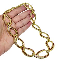 Vintage gold tone pink enamel designer link chain necklace