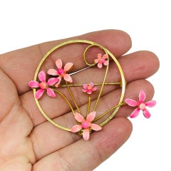 Vintage gold tone pink enamel flowers designer brooch