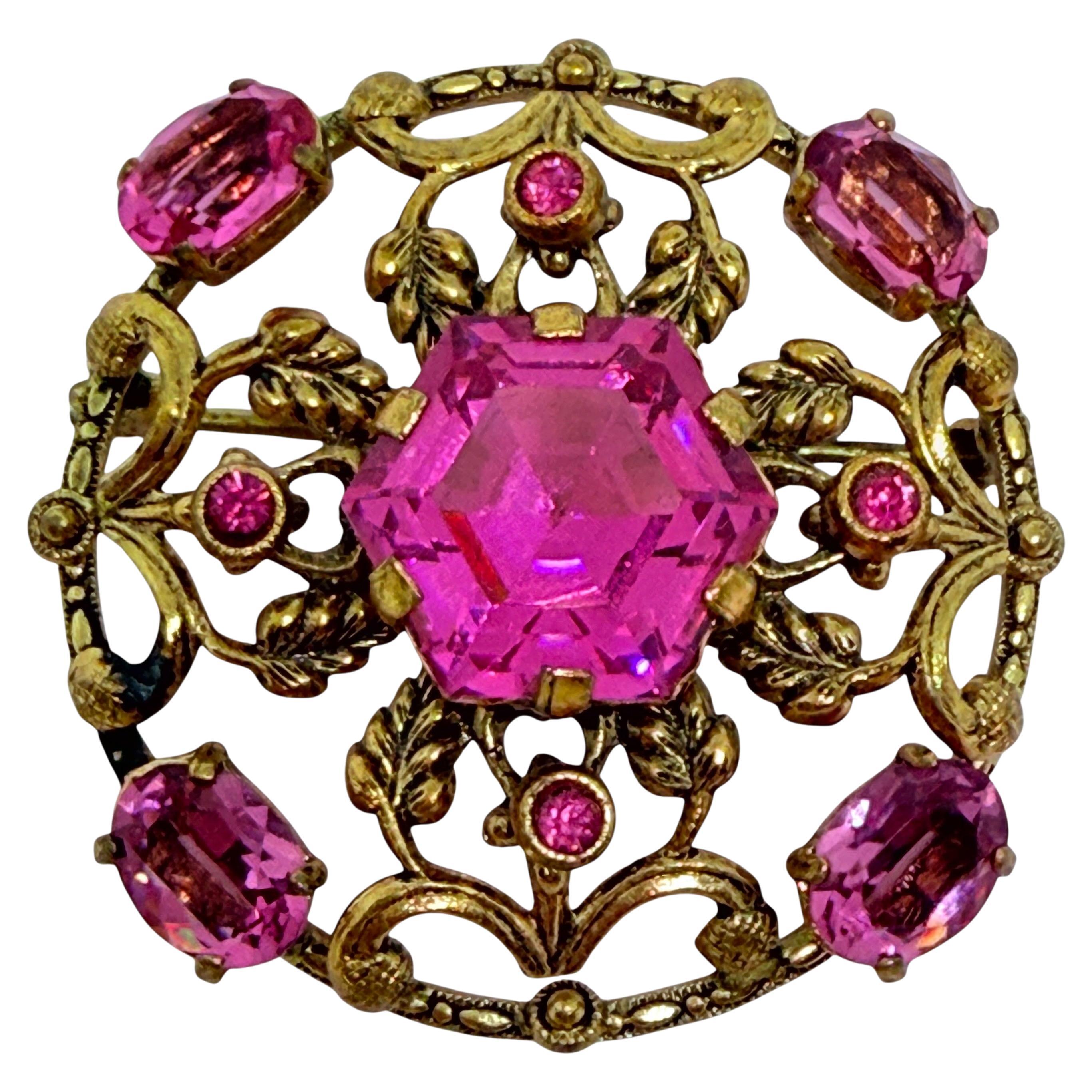 Broche de designer vintage en verre rose doré