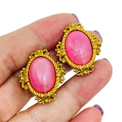Vintage gold tone pink glass designer clip on earrings