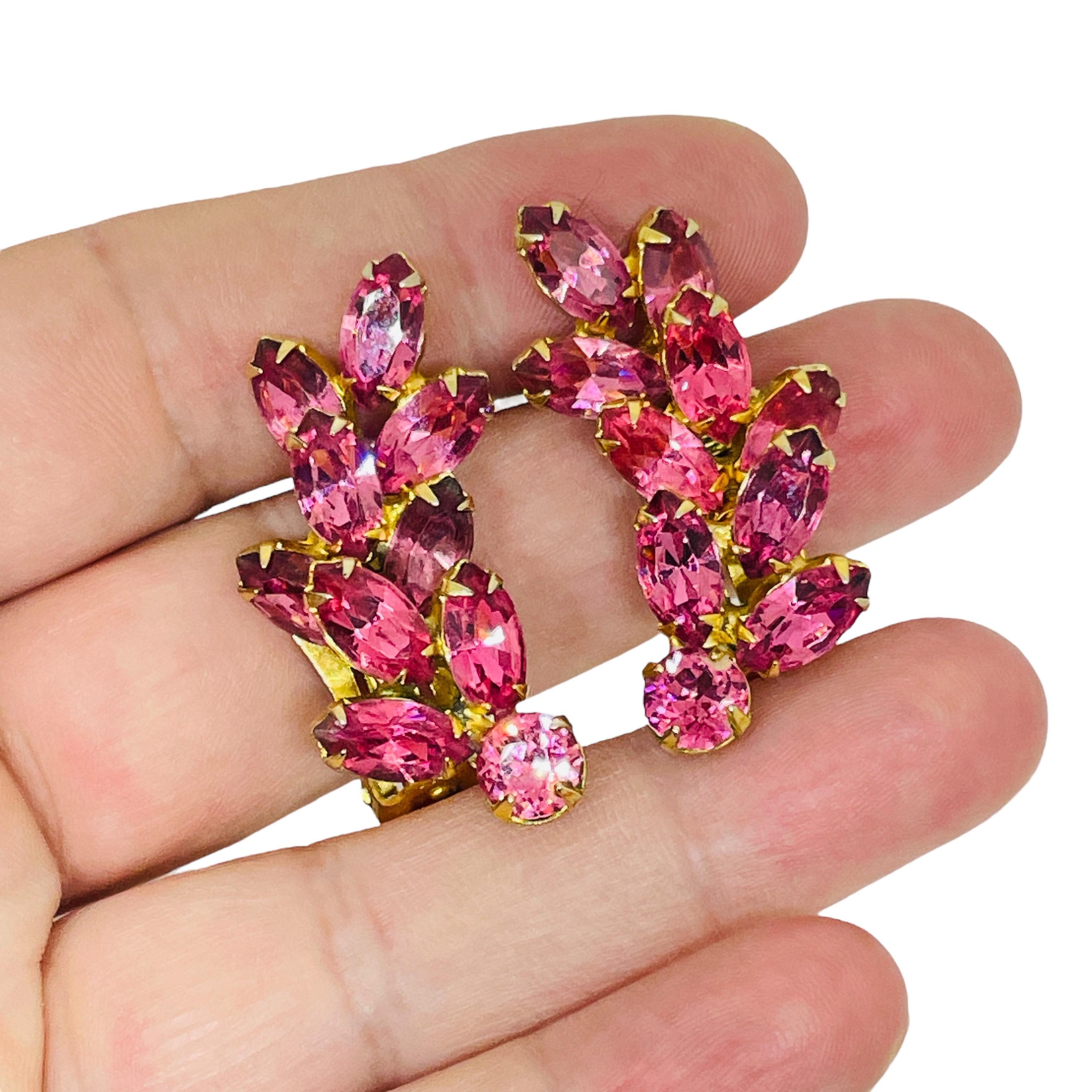 Vintage Gold Ton rosa Navette Strass Designer Clip auf Ohrringe Damen im Angebot