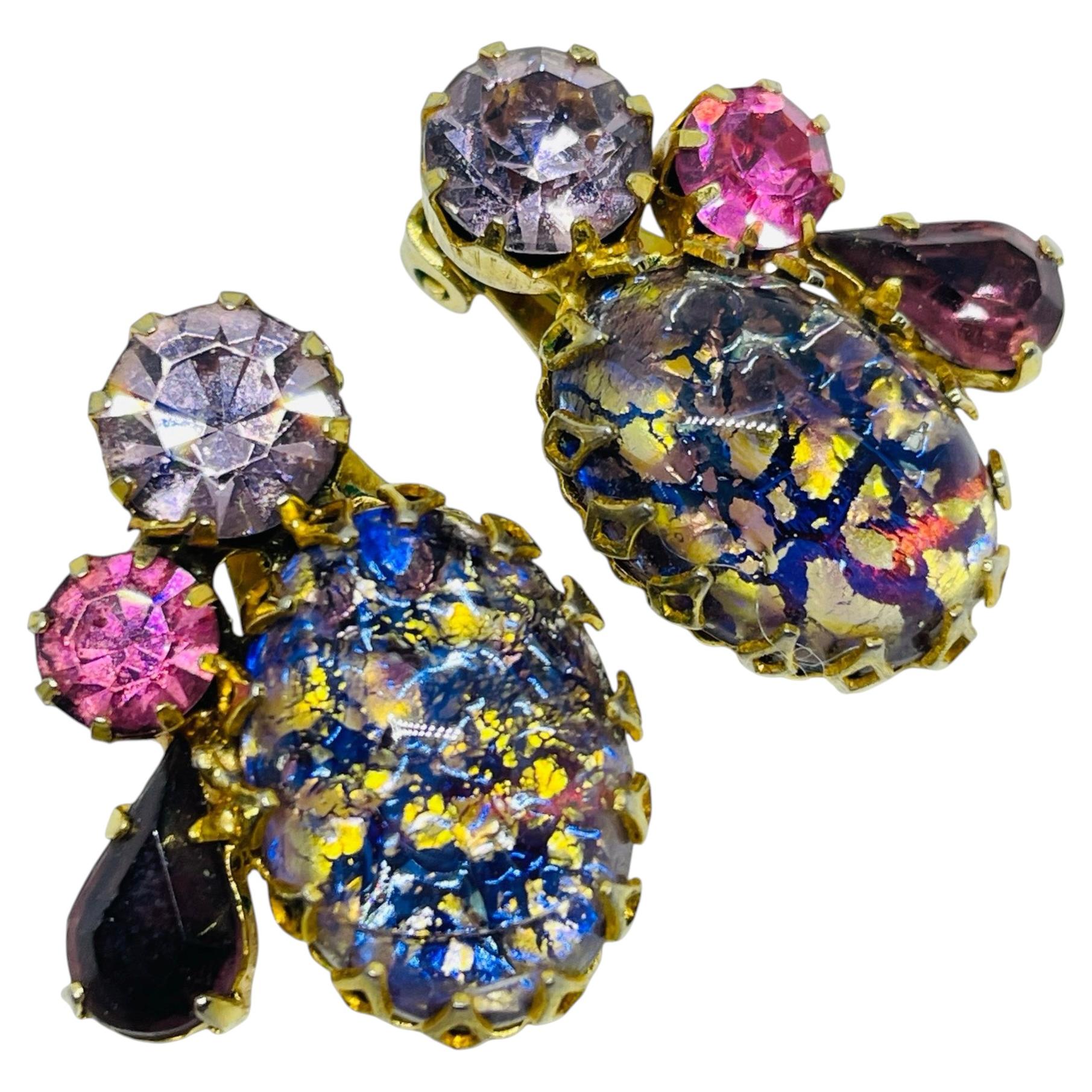 Vintage gold tone pink purple foil glass rhinestones designer clip on earrings