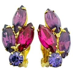 Orecchini a clip vintage in vetro rosa-viola, tonalità oro, di design