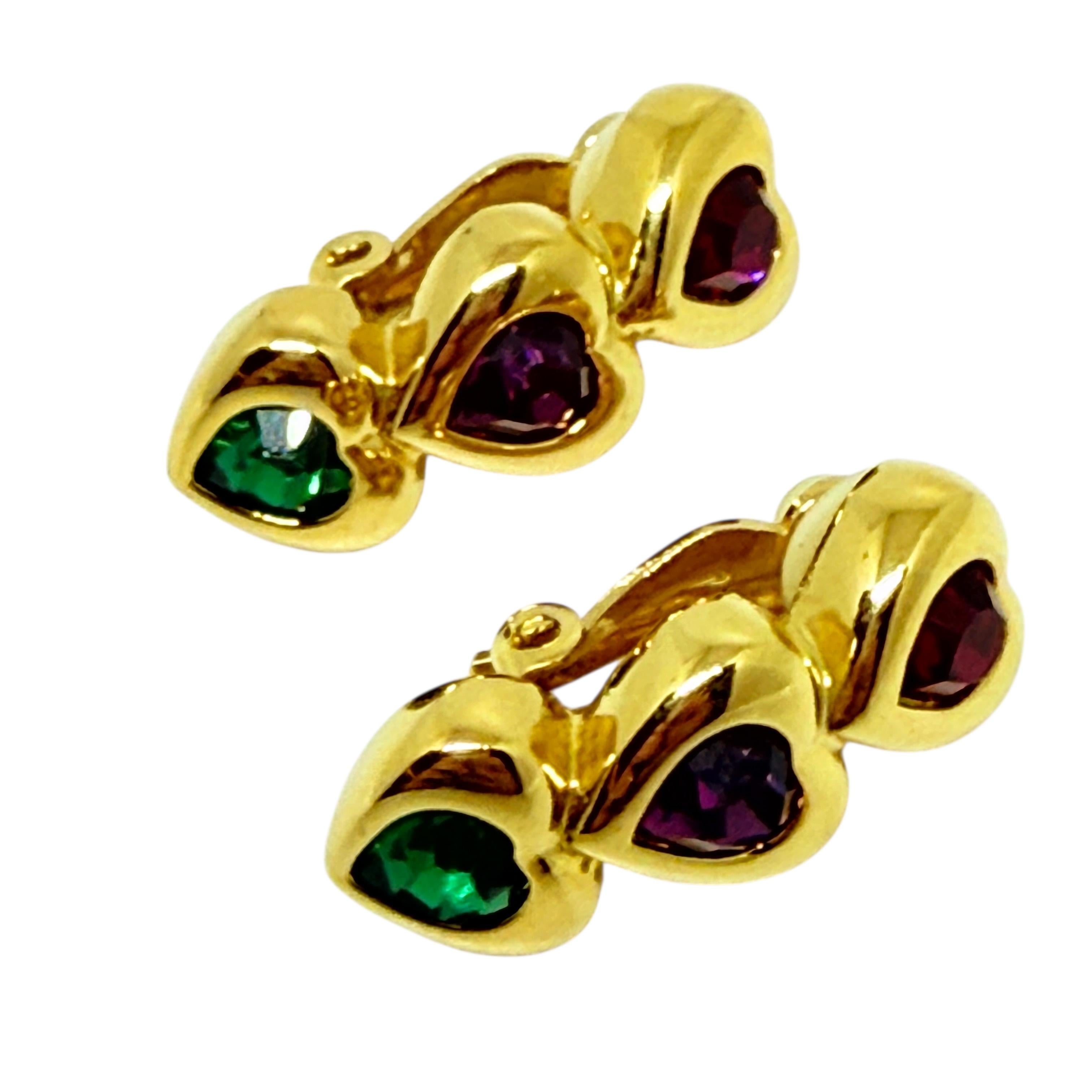 Women's or Men's Vintage gold tone pink purple green rhinestone hearts designer clip on earrings For Sale