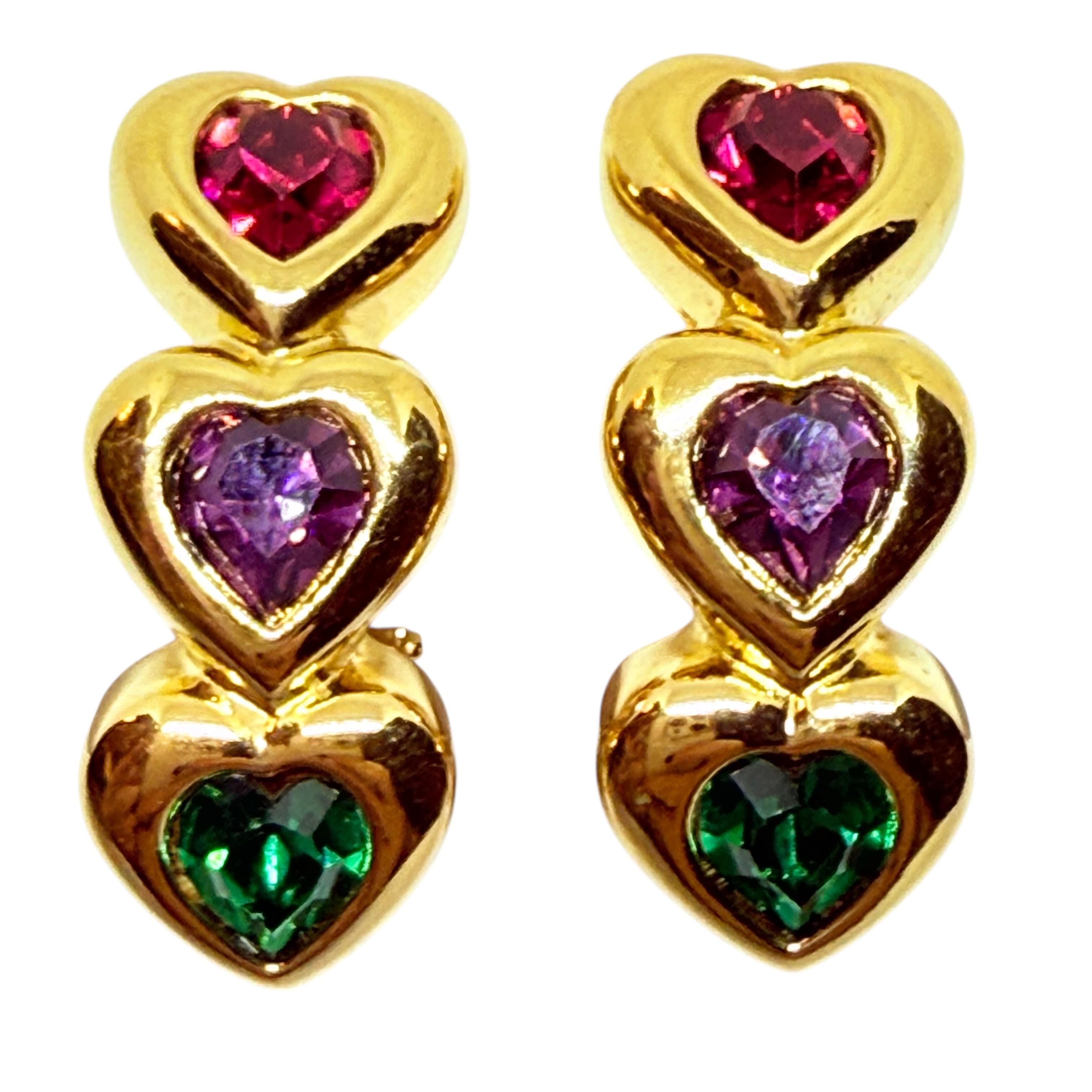 Vintage gold tone pink purple green rhinestone hearts designer clip on earrings For Sale 1