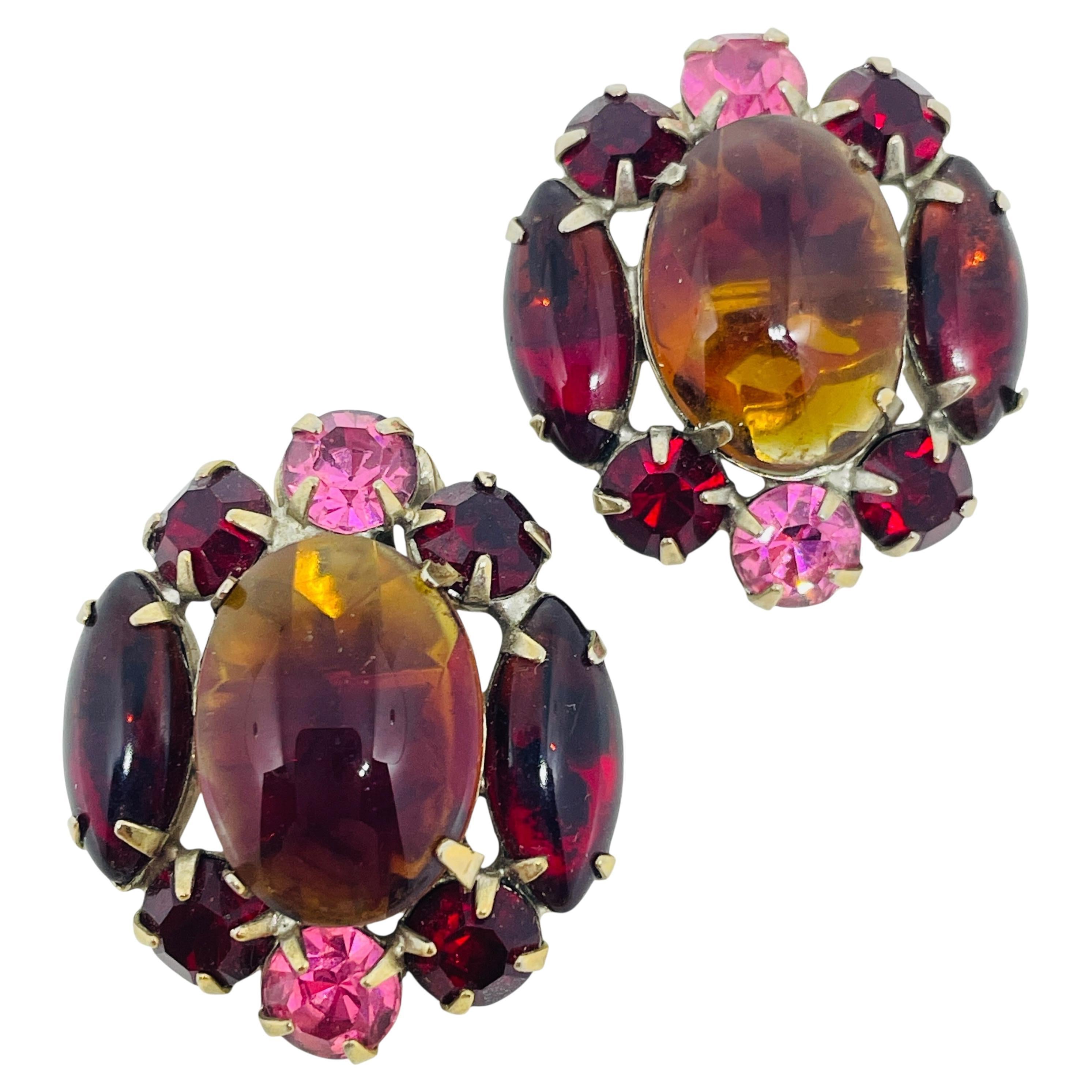 Vintage gold tone pink red watermelon glass rhinestones designer clip earrings