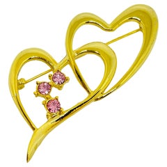 Vintage gold tone pink rhinestone heart designer brooch