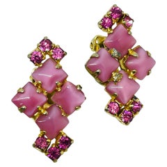 Vintage gold tone pink rhinestones designer clip on earrings