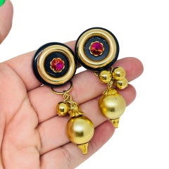 Vintage gold tone pink watermelon glass designer clip on earrings