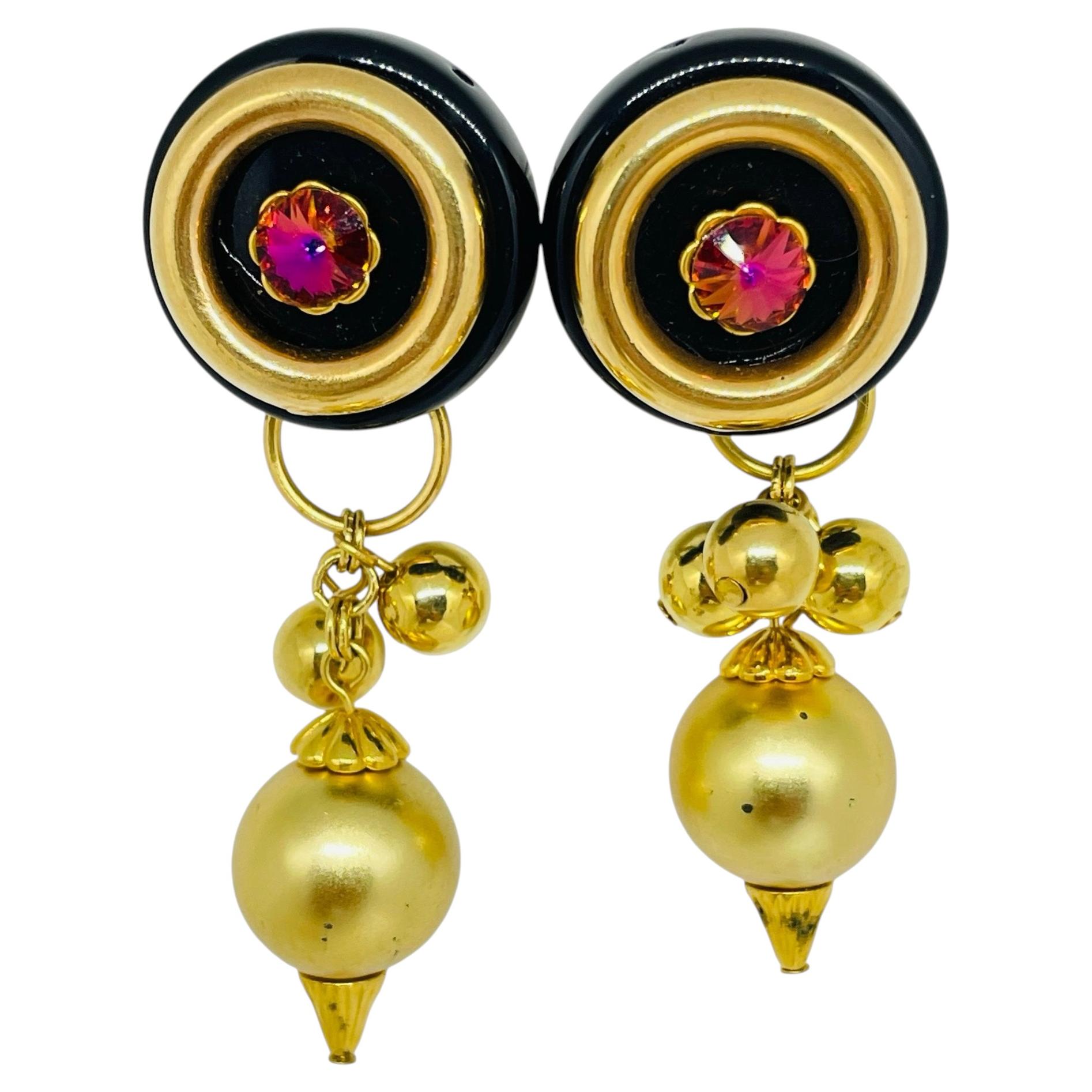 Vintage gold tone pink watermelon glass designer clip on earrings