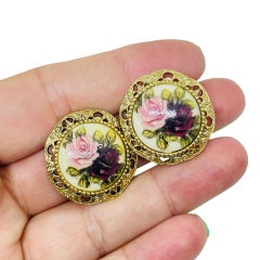Vintage gold tone porcelain flowers designer clip on earrings